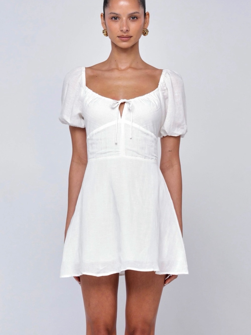 RESA White Puff Sleeve Tie-Front Mini Dress